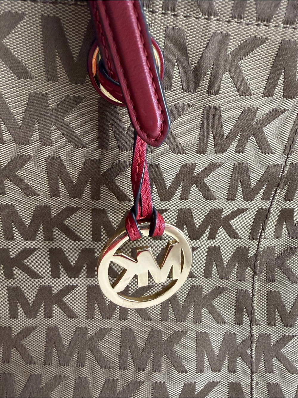 Michael Kors Beige MK Monogram Tote with Pink Handles - Picture 2 of 4